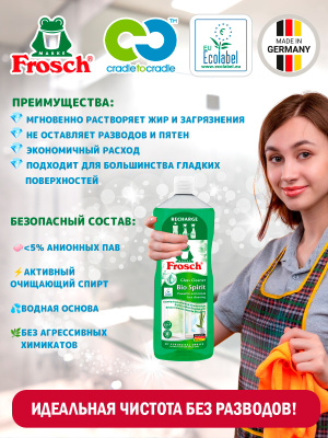 Средство для стекла и гладких поверхностей Спирт 1000мл Frosch