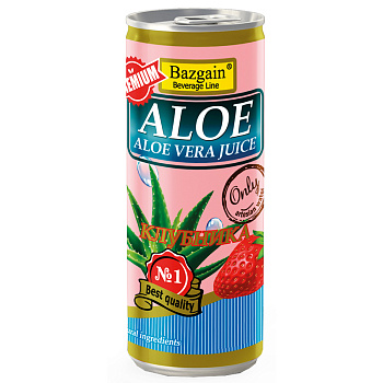 Напиток негазированный с кусочками Алоэ Вера и соком Алоэ 240мл ж/б КЛУБНИКА ТМ Bazgain