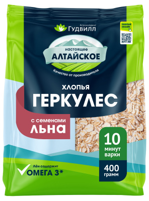 Хлопья овсяные Геркулес с семенем Льна 10 минут варки 400гр мягкая упак Гудвилл